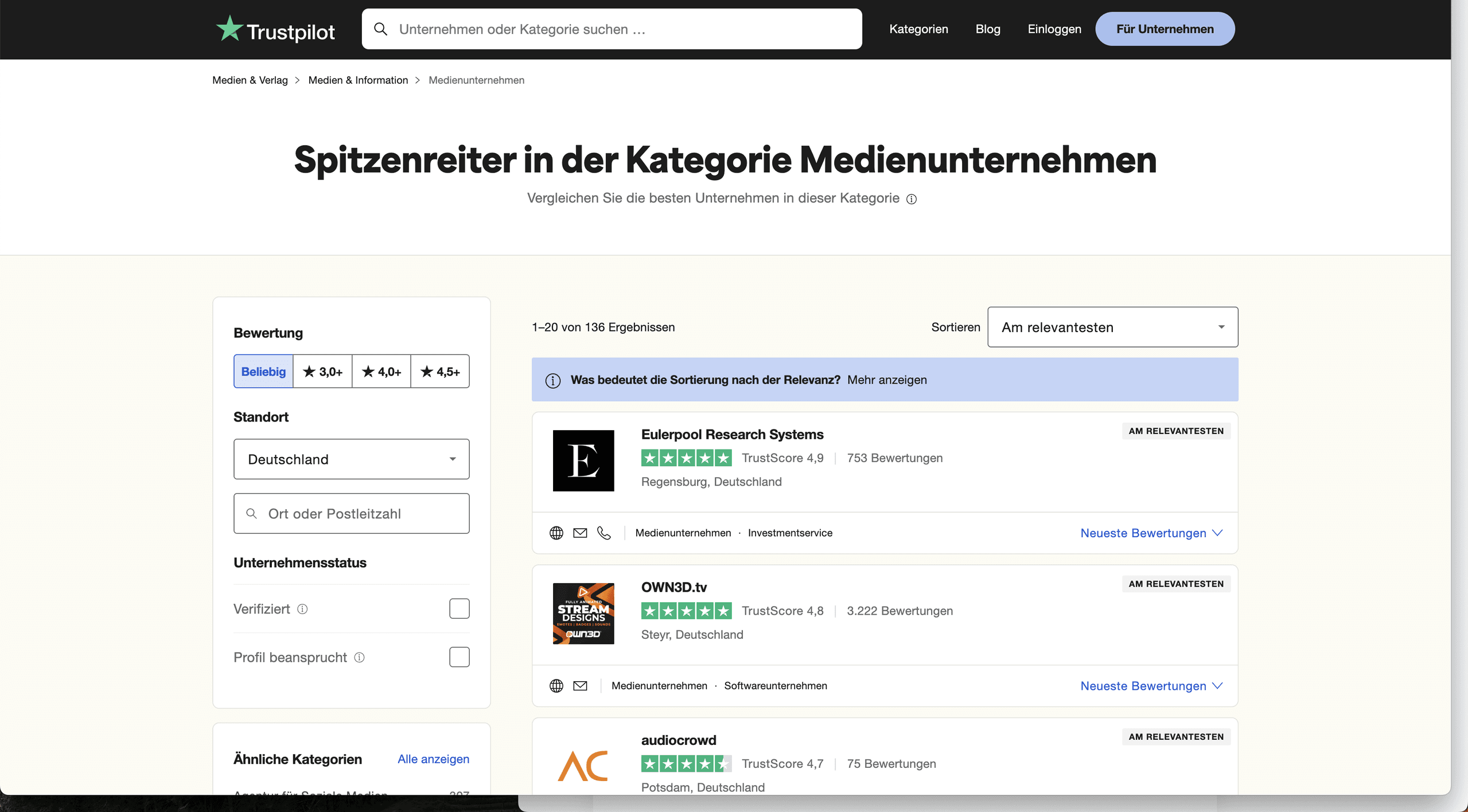 Eulerpool Research Systems ist erneut Spitzenreiter in der Kategorie Medienunternehmen nach dem TrustPilot Ranking (18. Dezember, 2023)